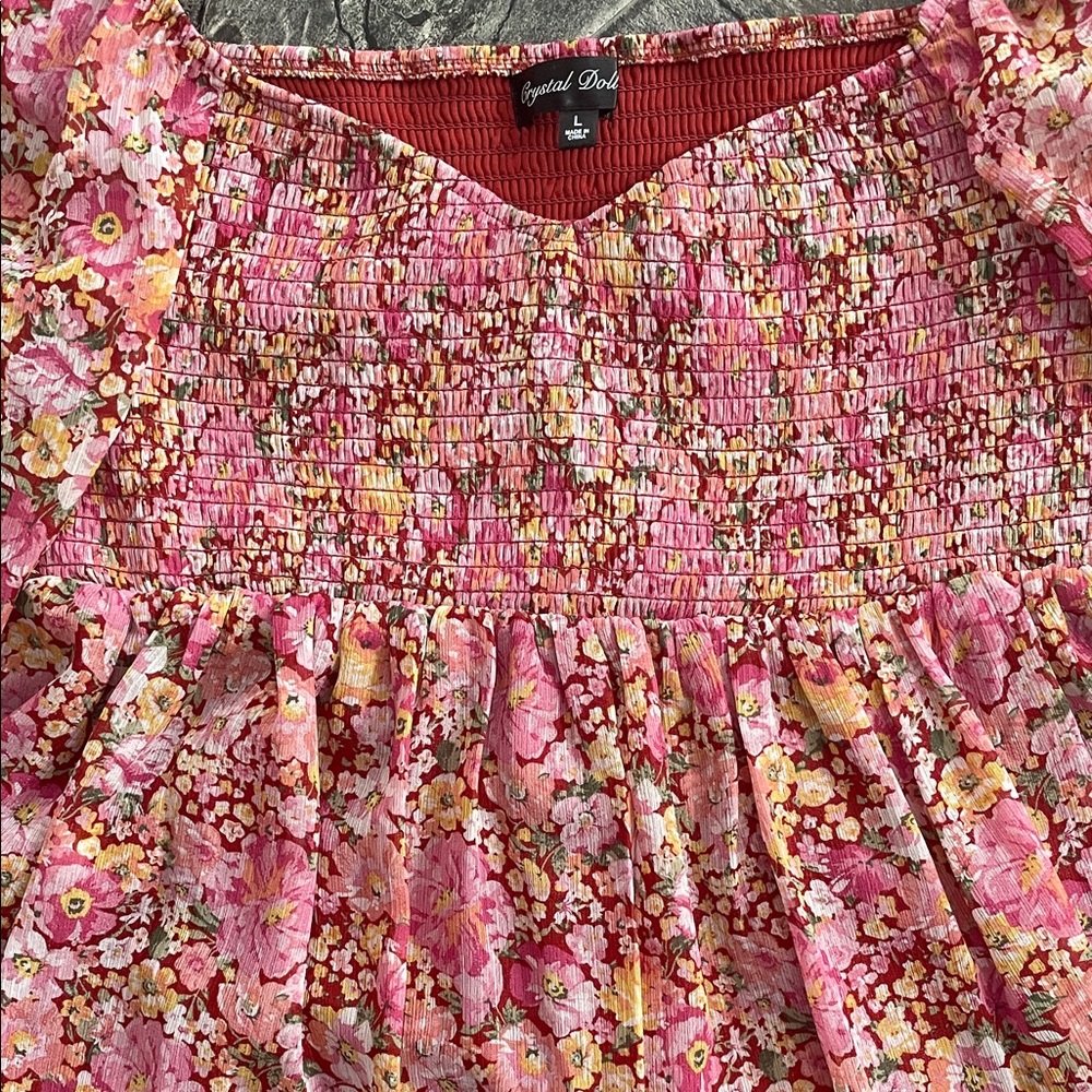 CRYSTAL DOLL Floral Coquette Babydoll Long Sleeve Shirred Pleated A-Line Dress - Picture 6 of 14
